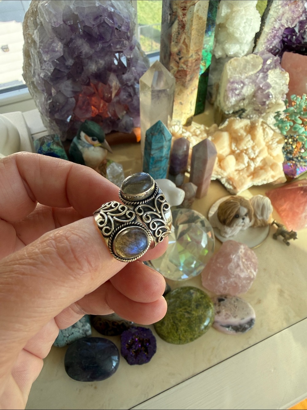 Vintage Labradorite Double-Stone Silver Ring - Blue Flash